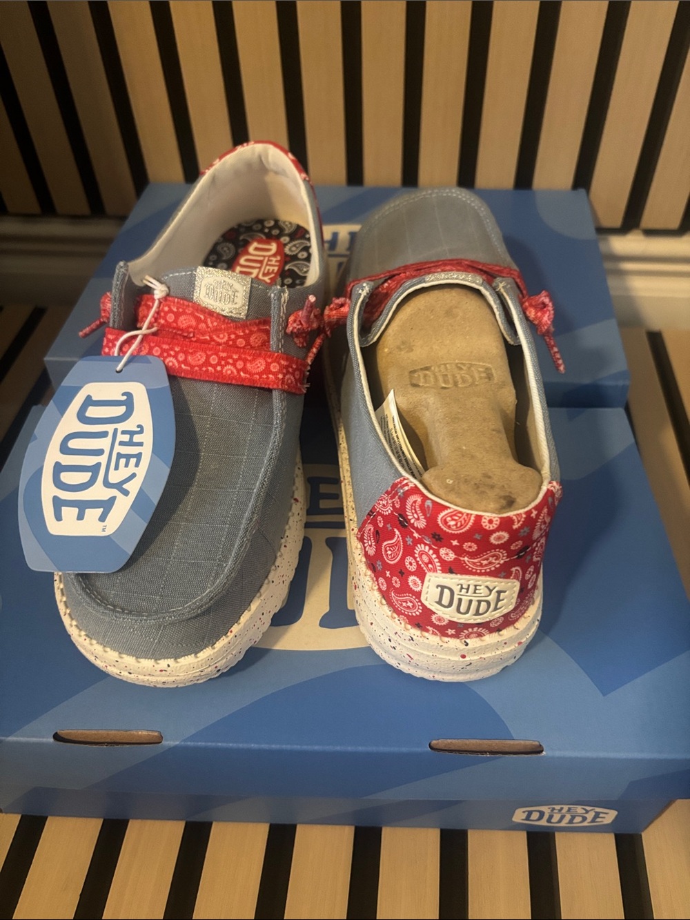 Hey Dude Light Blue Slip-On Sneakers with Red Bandana Accents - Picture 4 of 7